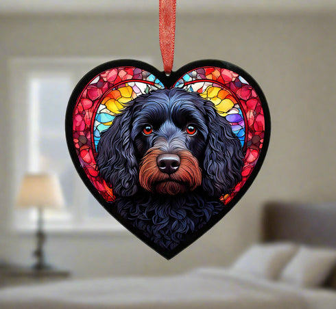 Cockapoo Black Stained Glass Effect Heart Suncatcher